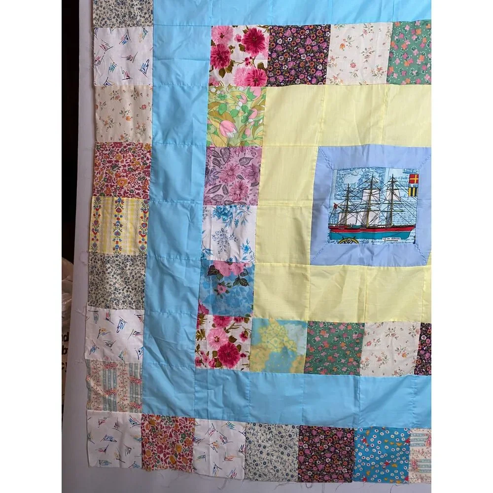 VTQ Patchwork Quilt Top Layer Mariner Sailing Ship 54x54